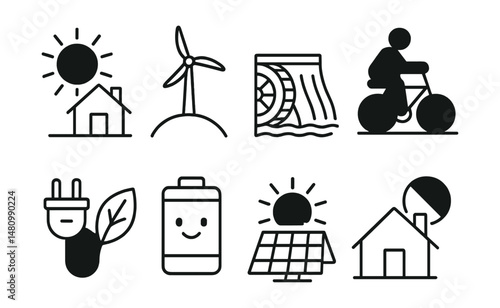 Line style icons of renewable energy explained to kids: sun powering a house, windmill on hill icon, water wheel and dam sketch, energy bike symbol, plug with leaf, green battery with smile, solar