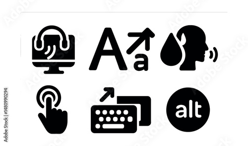 Solid style icons of accessible tech: screen reader, large font icon, color contrast, voice nav, haptic feedback, keyboard nav, caption toggle, alt text badge.