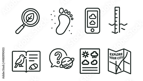 Line style icons of observation and exploration: magnifying glass over leaf, footprint in soil, cloud shapes tracker, water level stick, birdwatching notebook, question bubble with planet, weather