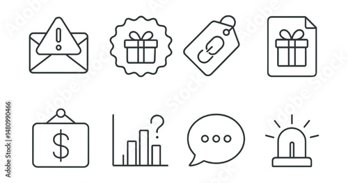 Line style icons of scam and phishing signs: suspicious email icon, free gift badge, link trap tag, giveaway hoax file, scam request board, info trick chart, “too good to be true” bubble, red light