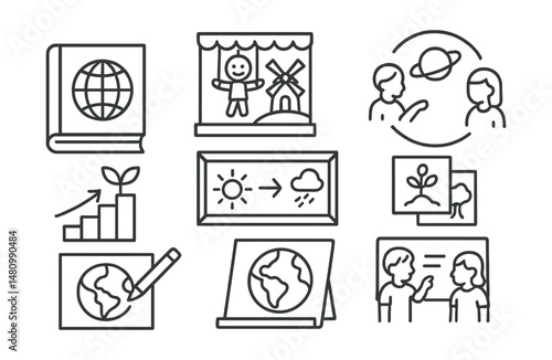 Line style icons of story-based visual learning: book with globe cover, puppet and windmill stage, storytelling circle with planet, image chart of growing tree, picture frame of change, comic strip