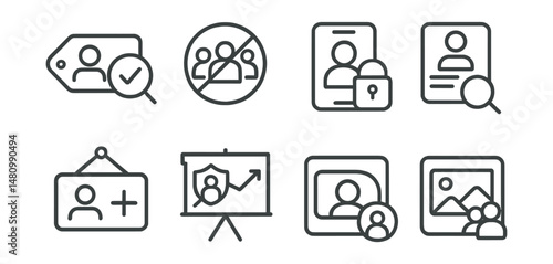 Line style icons of safe social media habits: review tags icon, limit followers badge, story privacy tag, profile review file, friend request board, safe share chart, post delay bubble, filter