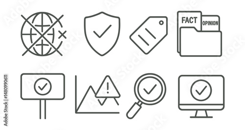 Line style icons of fact-checking basics: cross-check source icon, verify headline badge, compare info tag, fact vs opinion file, reliable source board, fake alert chart, truth scanner bubble, media