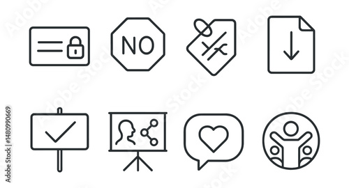 Line style icons of digital rights and agency: “my data = mine” icon, say no badge, refuse share tag, data request file, opt out board, explain your right chart, digital dignity bubble, youth