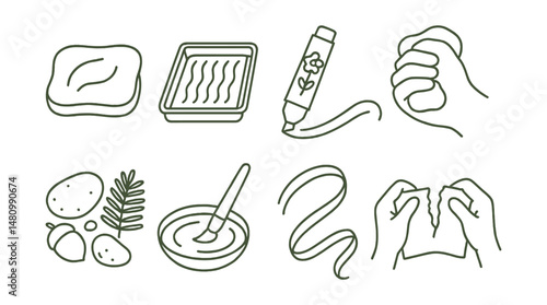 Line style icons of sensory and grounding materials: clay with calming imprint, tactile paper tray, scented color marker, stress dough hand, natural material set, brush and water play, ribbon for