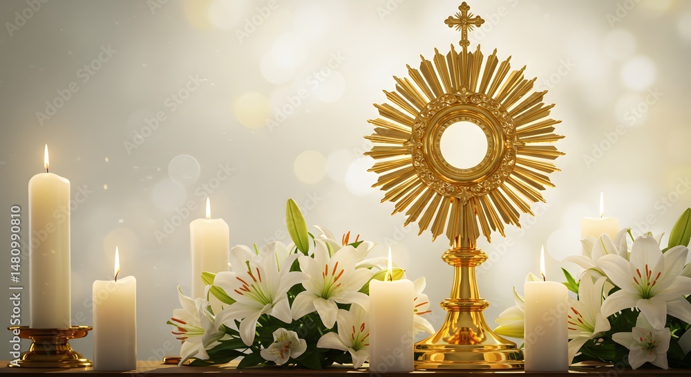 Fototapeta premium Golden Monstrance with Flowers and Candles Illuminating a Sacred Moment of Religious Devotion