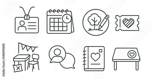 Line style icons of integration with school day: therapy pass card, flexible art session schedule, drawing during break badge, “reset with color” ticket, calm-down corner in class, share with