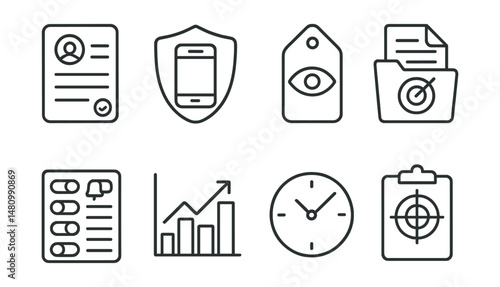 Line style icons of app dashboards for attention: session log icon, daily screen usage badge, attention span tag, focus report file, alert control board, input vs output chart, time awareness bubble,