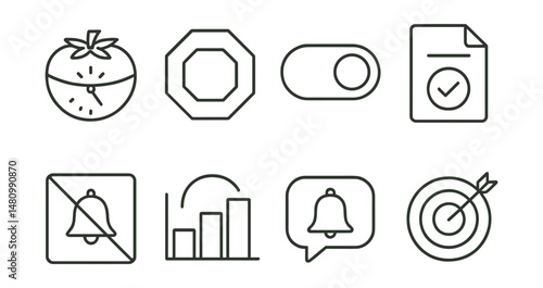 Line style icons of focus apps and tools: Pomodoro timer icon, block distractions badge, single-task mode tag, work session file, silence notification board, deep work chart, task bell bubble, focus