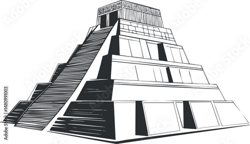 Black and white illustration of an ancient step pyramid with stairs and detailed stone architecture