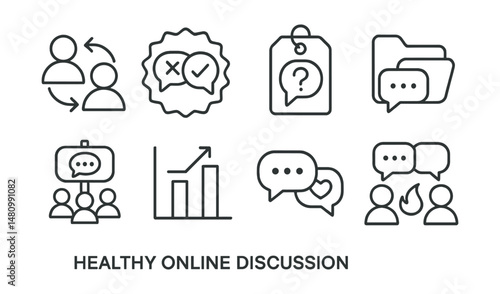 Line style icons of healthy online discussion: take turns icon, “agree to disagree” badge, open question tag, respectful thread file, group chat guide board, “I” statements chart, share not shame