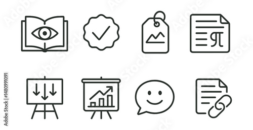 Line style icons of communication clarity tools: read before post icon, be specific badge, visual support tag, break in paragraphs file, slow scroll format board, ask for feedback chart, clarity