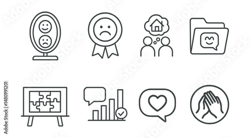 Line style icons of online empathy tools: mirror words icon, emotion check badge, consider their context tag, ask how they feel file, shared struggle board, show you listened chart, validate without