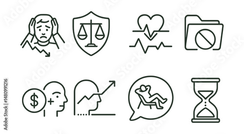 Line style icons of investing and mental wellbeing: market stress icon, portfolio balance badge, emotional buffer tag, don’t check daily file, money + mindset board, stay the course chart, relax and