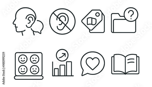 Line style icons of digital listening skills: active listen icon, don’t interrupt badge, read fully tag, ask before jump-in file, listen emoji board, summary reply chart, hear the heart bubble, “just