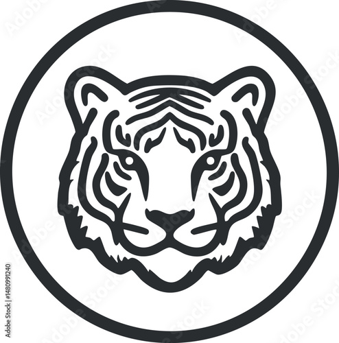 Black and white tiger head icon inside a circle representing wildlife and strength
