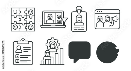 Line style icons of remote team engagement: icebreaker game icon, virtual hangout badge, team survey tag, recognition shoutout file, feedback request board, team bonding chart, appreciation bubble,
