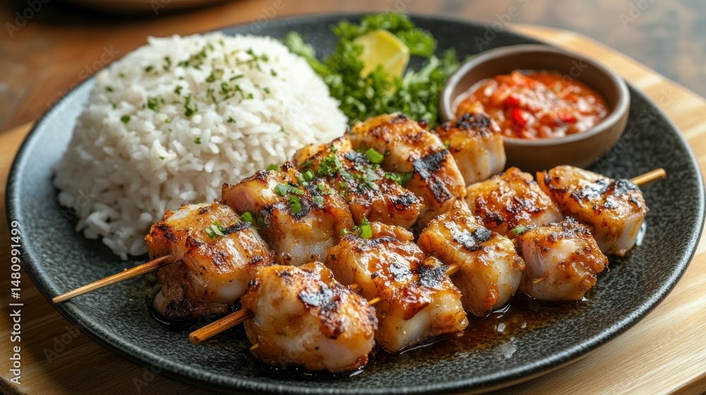 Grilled fish skewers with rice and sauce Grilled fish skewers with rice and sauce