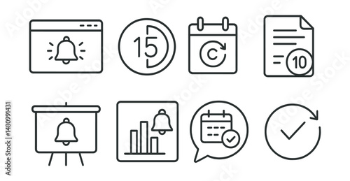 Line style icons of meeting reminders: pop-up reminder icon, countdown timer badge, sync schedule tag, event countdown file, reminder notification board, daily alert chart, meeting prep bubble, stay