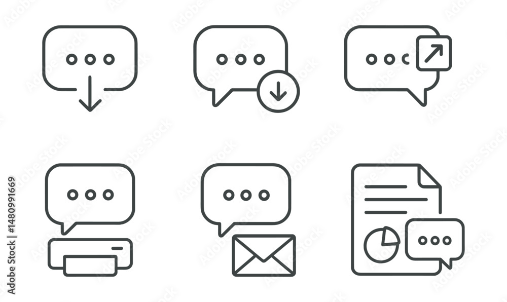 Line style icons of chat history export: download chat icon, save conversation badge, export chat tag, archive messages file, print thread board, email chat chart, backup file bubble, chat document Line style icons of chat history export: download chat icon, save conversation badge, export chat tag, archive messages file, print thread board, email chat chart, backup file bubble, chat document