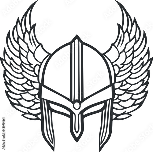 Line art illustration of a winged Viking helmet symbolizing ancient warrior armor and Norse mythology.
