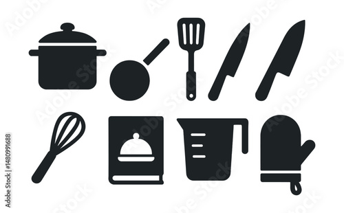 Solid style icons of cooking and kitchen: pot, frying pan, spatula, knife, whisk, recipe book, measuring cup, oven mitt.