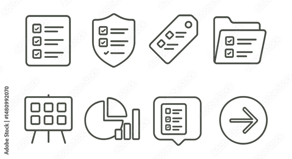 Line style icons of survey templates: pre-built template icon, ready-made form badge, quick setup tag, survey kit file, template library board, multiple formats chart, template preview bubble, start Line style icons of survey templates: pre-built template icon, ready-made form badge, quick setup tag, survey kit file, template library board, multiple formats chart, template preview bubble, start