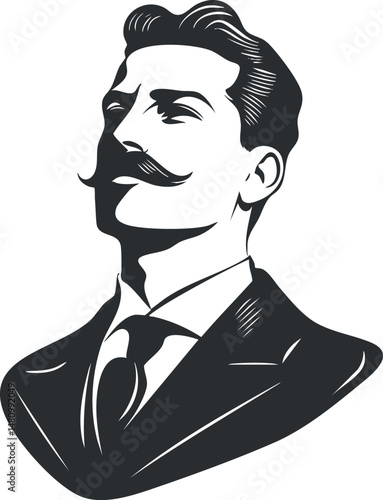 Black and white illustration of a confident man with a mustache wearing a formal suit and tie