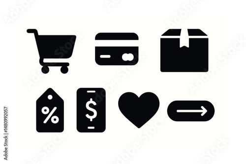Solid style icons of online shopping: shopping cart, credit card, delivery truck, product box, discount tag, mobile payment, wishlist heart, checkout button.