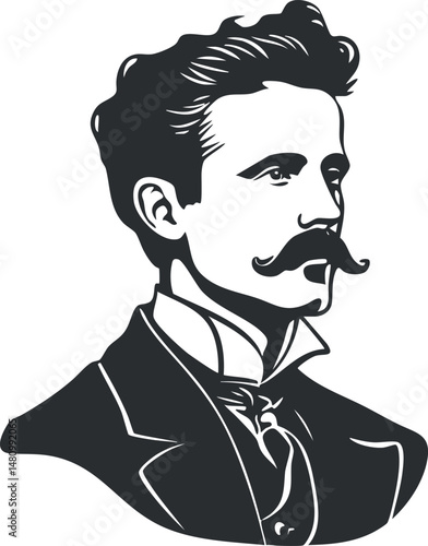 Vintage black and white illustration of a man with mustache wearing a formal suit and tie in profile