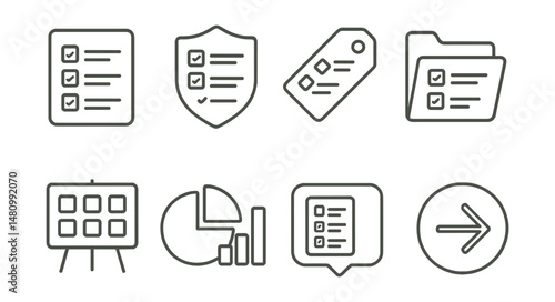 Line style icons of survey templates: pre-built template icon, ready-made form badge, quick setup tag, survey kit file, template library board, multiple formats chart, template preview bubble, start