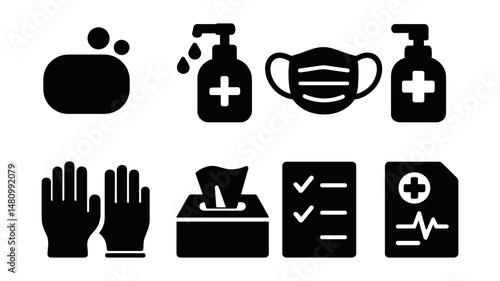 Solid style icons of health and hygiene: soap bar, handwash, face mask, sanitizer bottle, medical gloves, tissue box, hygiene checklist, health report.