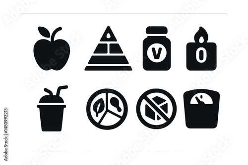 Solid style icons of food and nutrition: apple, food pyramid, vitamin bottle, calorie count, smoothie, balanced plate, no sugar sign, diet scale.