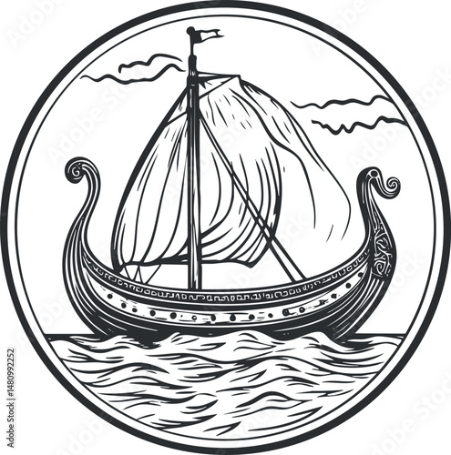 Black and white illustration of a Viking ship with sail on the ocean surrounded by a circular frame.