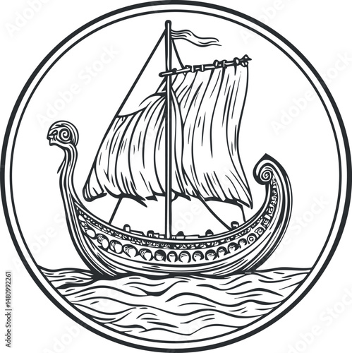 Black and white illustration of an ancient Viking ship with sail on the sea inside a circular frame
