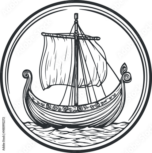 Black and white line art illustration of a Viking ship with sail on the ocean inside a circular frame