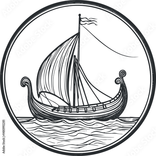 Black and white sketch of an ancient Viking ship with sail and flag on the sea enclosed in a circular frame