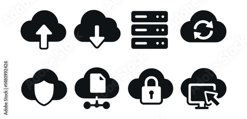 Solid style icons of cloud services: cloud upload, cloud download, server rack, data sync, cloud shield, file sharing, cloud lock, remote access.