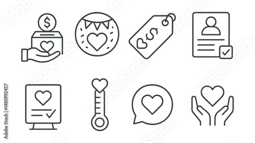Line style icons of fundraising for causes: donation icon, charity event badge, funding campaign tag, volunteer signup file, support pledge board, fundraiser goal chart, charity action bubble, give