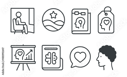 Line style icons of mental health accessibility: quiet space icon, calming environment badge, mental health support tag, stress relief tools file, therapeutic support board, awareness campaign chart,