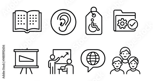 Line style icons of accessibility in education: braille textbook icon, assistive hearing badge, accessible learning tag, flexible assessment file, classroom ramps board, peer tutoring chart,
