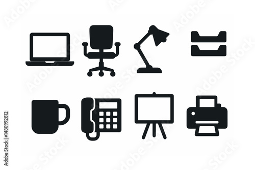 Solid style icons of office setup: laptop, swivel chair, desk lamp, folder tray, coffee mug, office phone, whiteboard, printer.