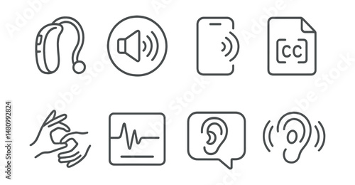 Line style icons of hearing accessibility: hearing aid icon, volume control badge, vibration alert tag, captioning file, sign language board, speech-to-text chart, assistive listening bubble, audio