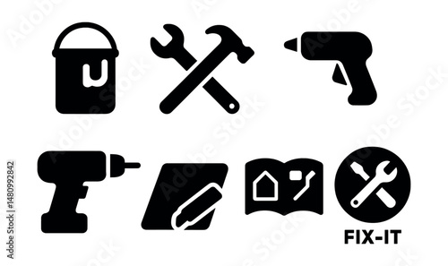 Solid style icons of DIY projects: paint bucket, wrench and hammer, glue gun, measuring tape, drill, craft board, instruction manual, fix-it icon.