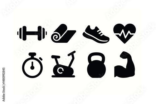 Solid style icons of fitness activities: dumbbell, yoga mat, running shoe, heart rate, stopwatch, exercise bike, kettlebell, muscle flex.