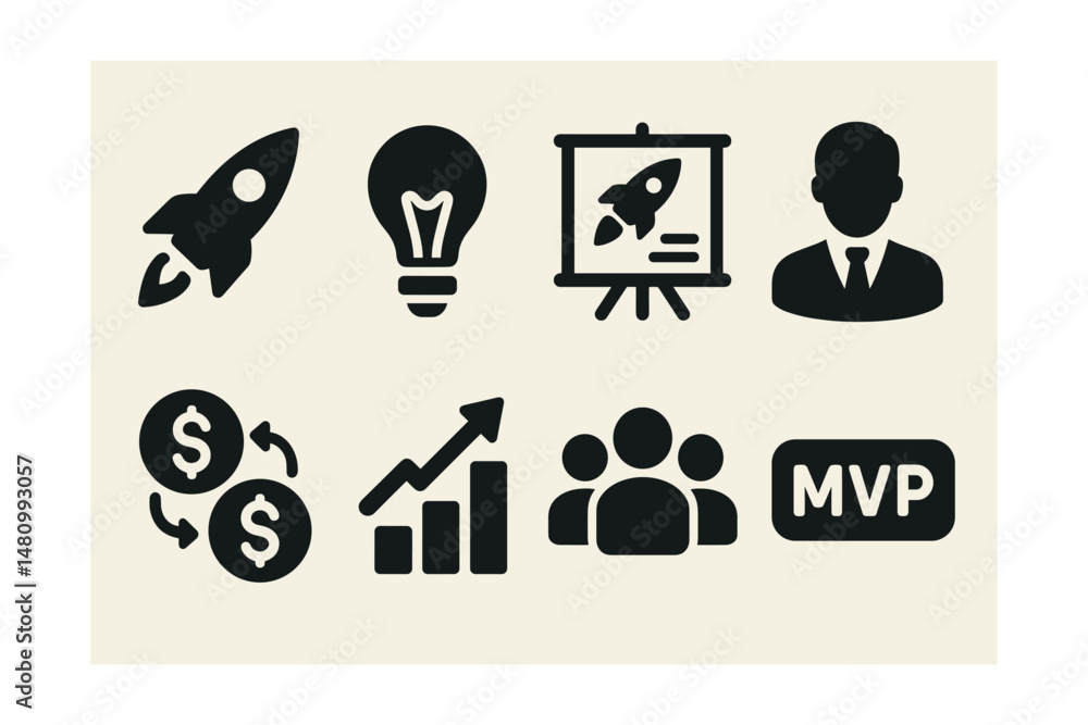Solid style icons of startup launch: rocket, idea bulb, pitch deck, investor, cash flow, growth arrow, teamwork, MVP button. Solid style icons of startup launch: rocket, idea bulb, pitch deck, investor, cash flow, growth arrow, teamwork, MVP button.