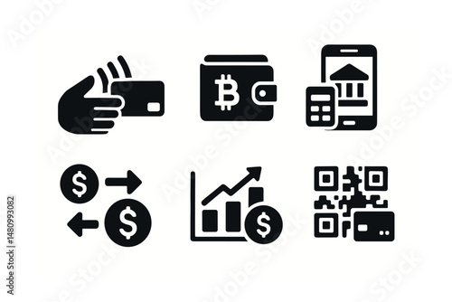 Solid style icons of digital finance: contactless pay, crypto wallet, expense report, mobile banking, transfer icon, investment chart, cashback icon, QR pay.