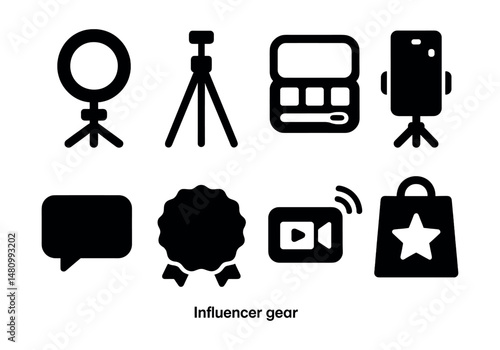 Solid style icons of influencer gear: ring light, tripod, makeup set, camera phone, caption bubble, sponsored badge, livestream icon, merch pack.