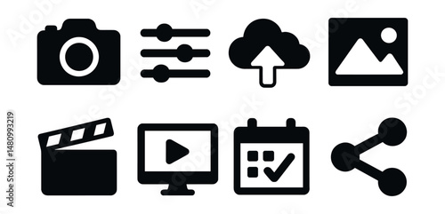 Solid style icons of content creation tools: camera icon, edit slider, publish cloud, thumbnail picker, script board, preview frame, schedule icon, share button.