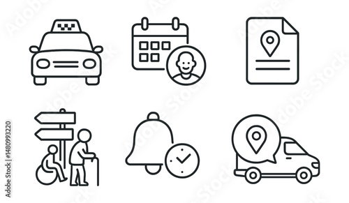 Line style icons of transportation services for seniors: taxi service icon, ride scheduling badge, driver profile tag, pick-up location file, transport options board, booking reminder chart, pick-up